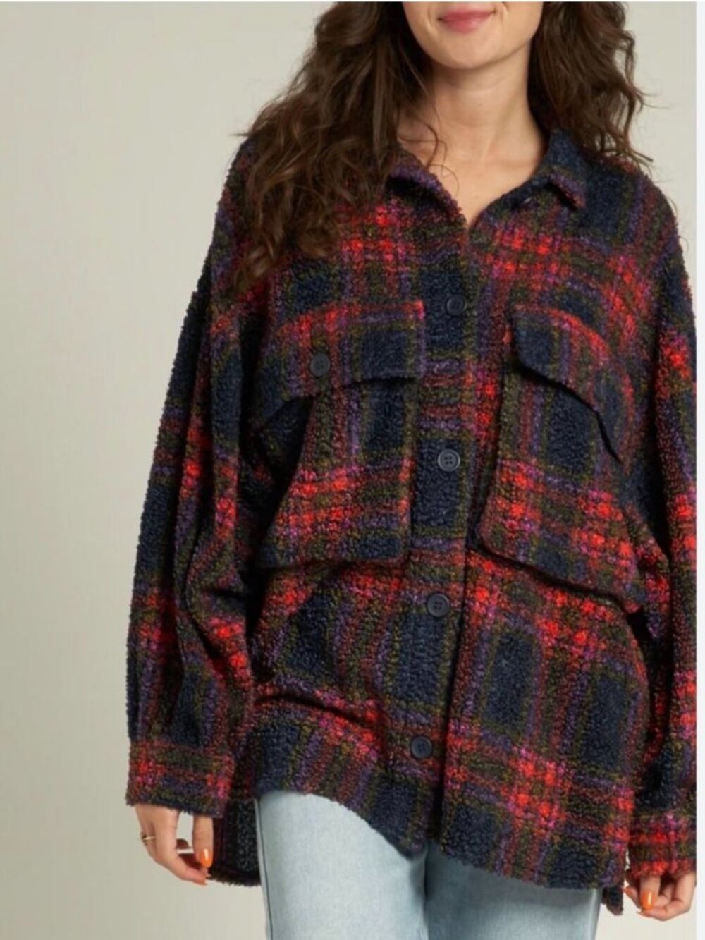 New! En Creme Isabella Oversized Jacket Shirt Sz S Womans Red Green Plaid Fuzzy